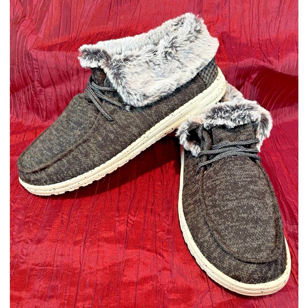 Womens Hey Dude Wendy Fold Cozy Fuzzy Charcoal Slippers w Faux Fur Lining sz 10
